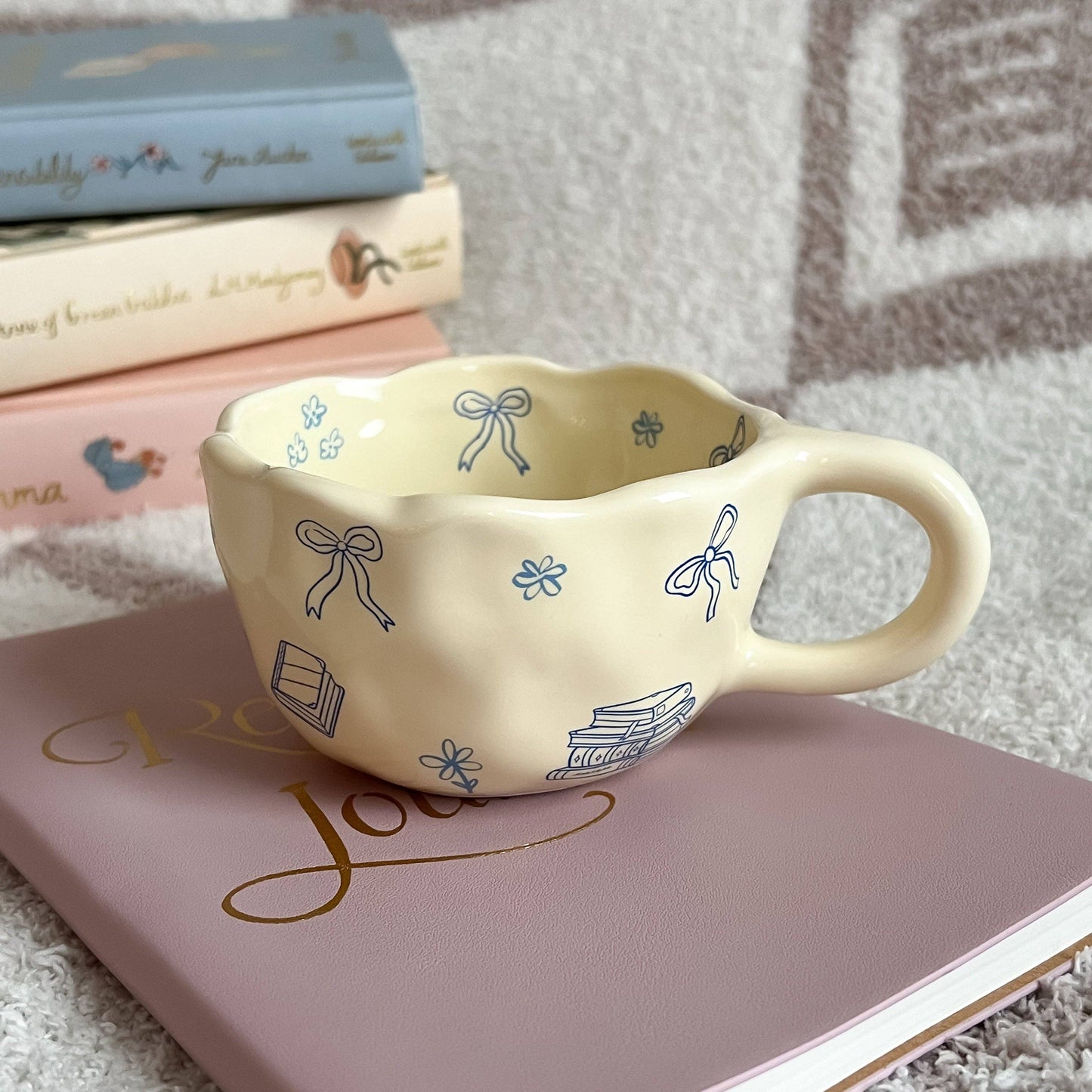 Bows and Books Mug: Red/Ivory Strawberries