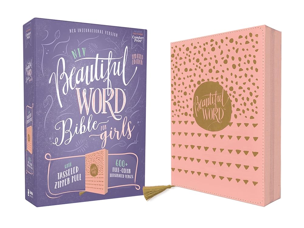 NIV, Beautiful Word Bible for Girls, Updated Edition, Leathersoft, Zippered, Pink, Red Letter, Comfort Print: 600+ Full-Color Illustrated Verses cover image