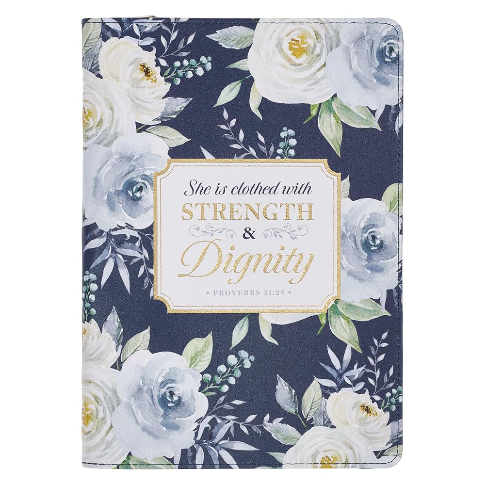 Christian Art Gifts Blue Vegan Leather Zipped Journal, Inspirational Women’s Notebook Floral Strength & Dignity Scripture, Flexible Cover, 336 Ruled Pages, Ribbon Bookmark, Proverbs 31:25 Bible Verse cover image