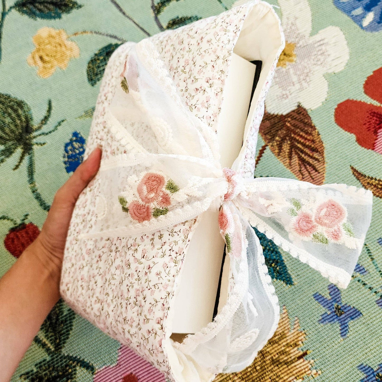 Pink Flower Large Book Sleeve with Lace Ribbon