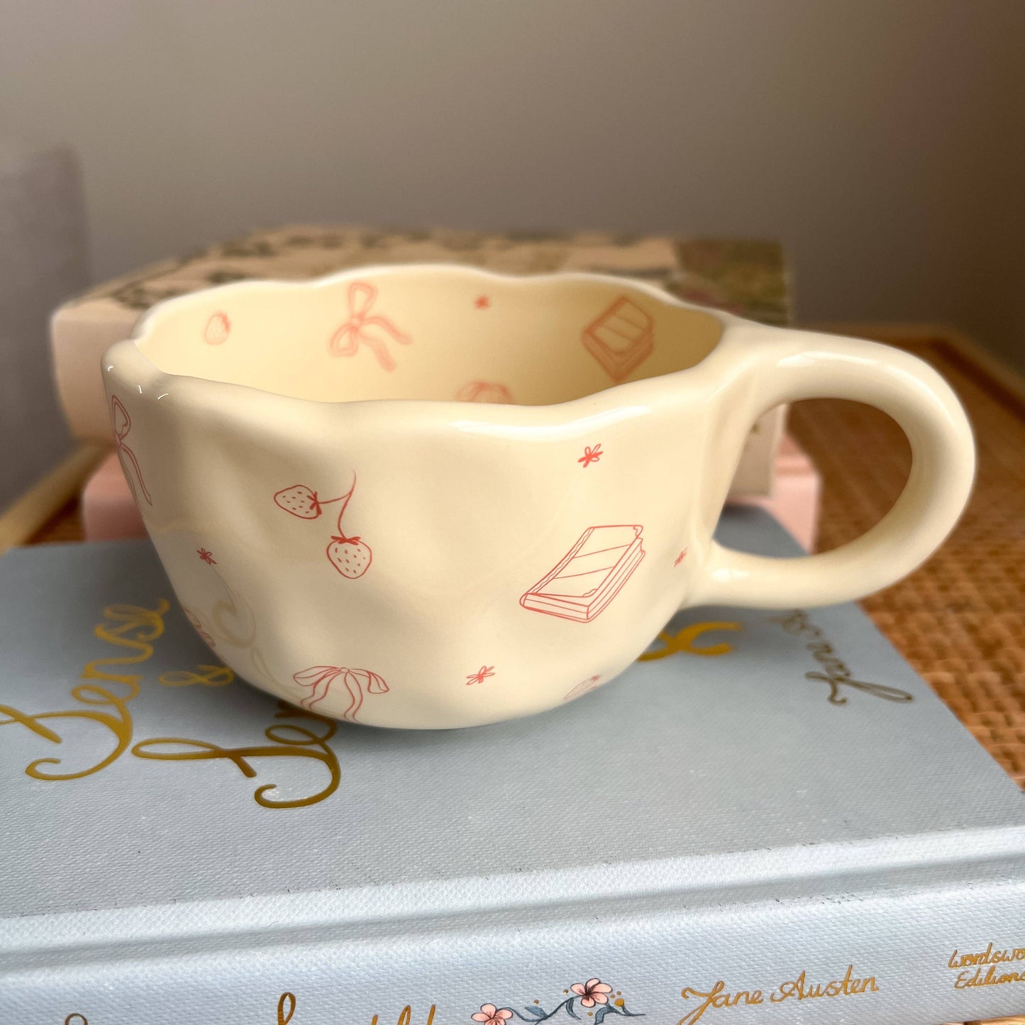 Bows and Books Mug: Blue/Ivory Flowers