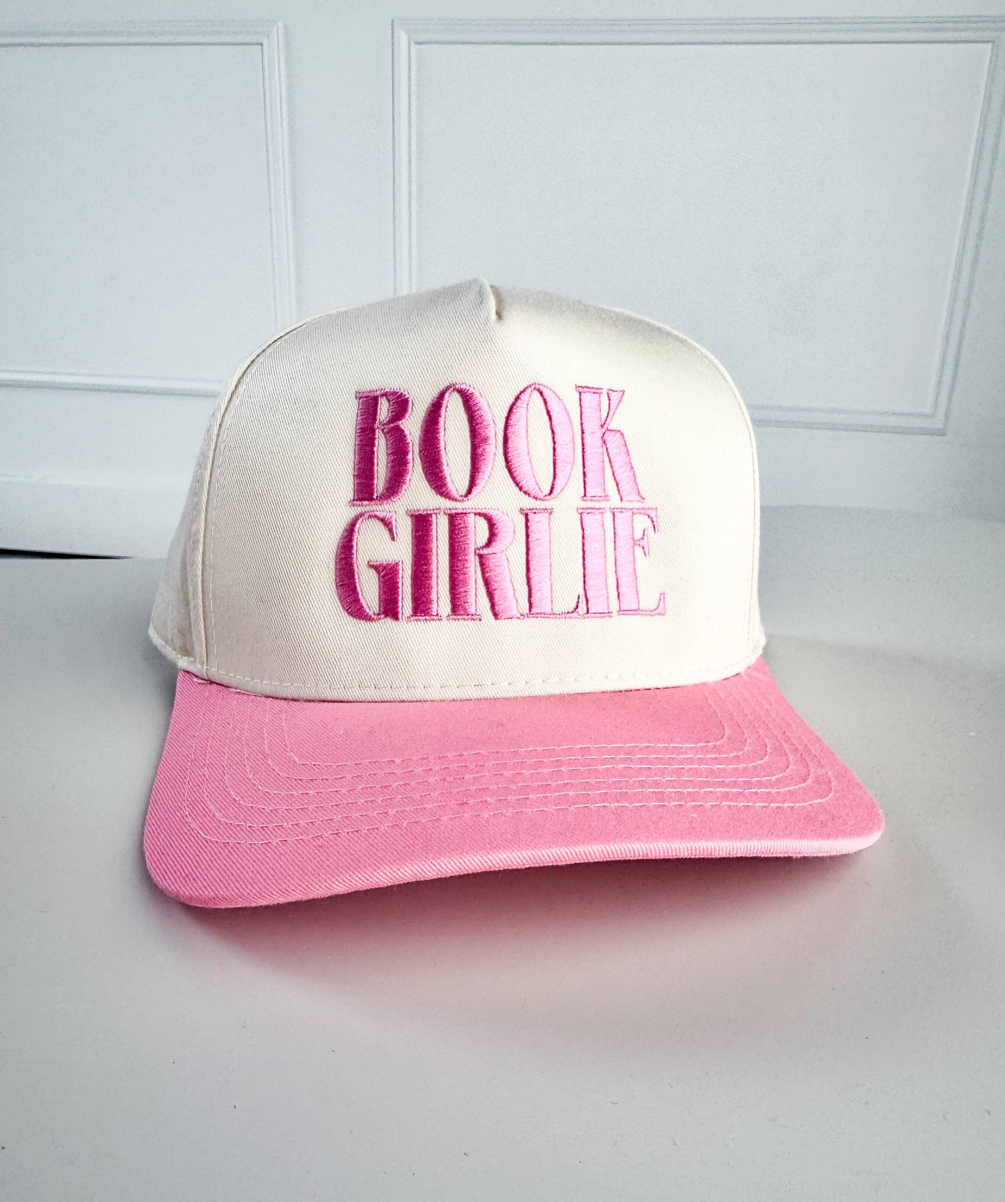Book Girlie Vintage Embroidered Trucker Hat : Dark Pink Bill