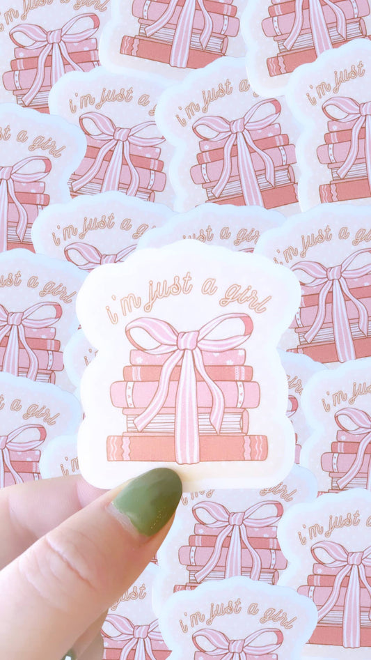 I’m just a girl stack of books waterproof sticker|coquette