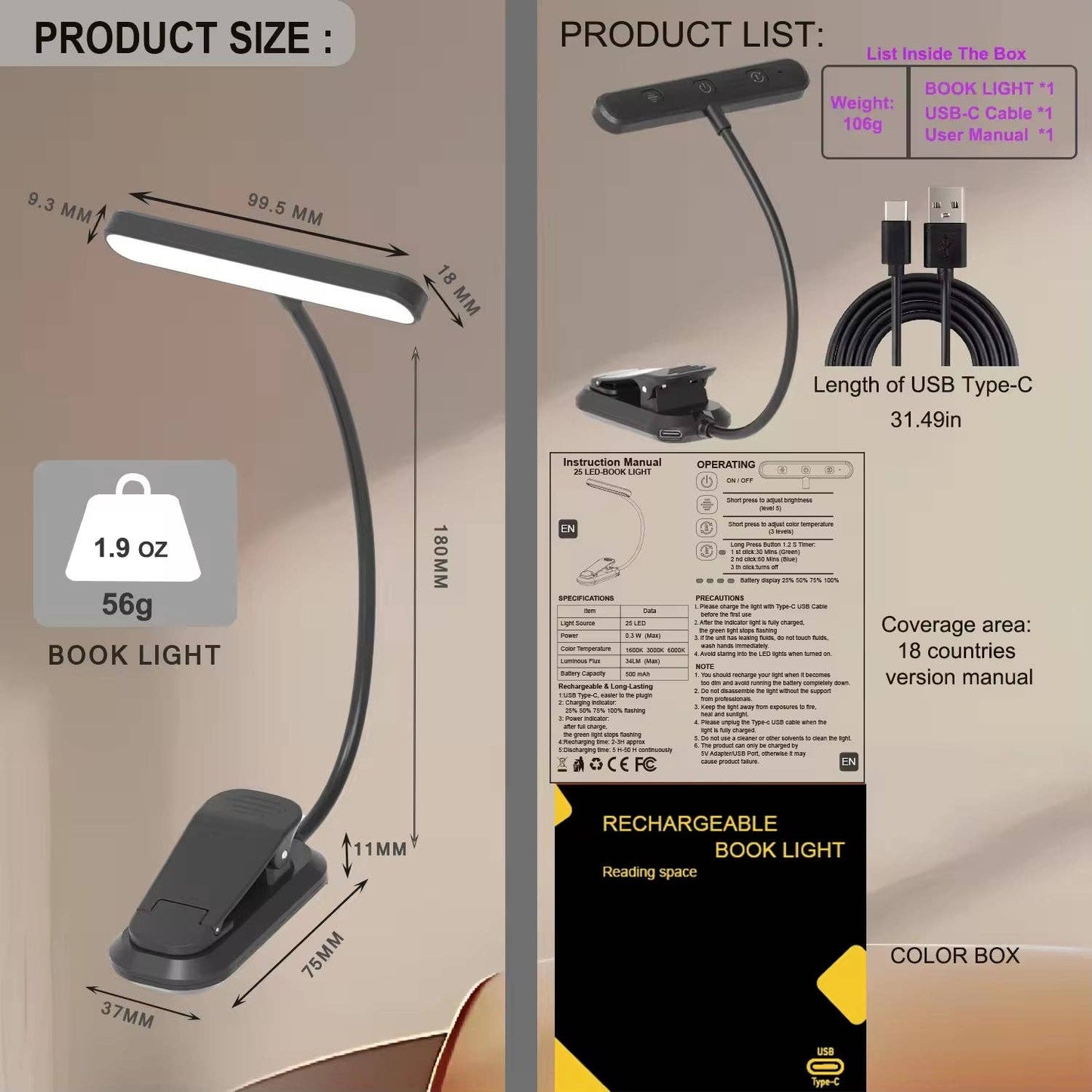 Usb Rechargeable Stepless Dimming Rotatable Mini Light Read: 1 Set(Mix & Match Colors)