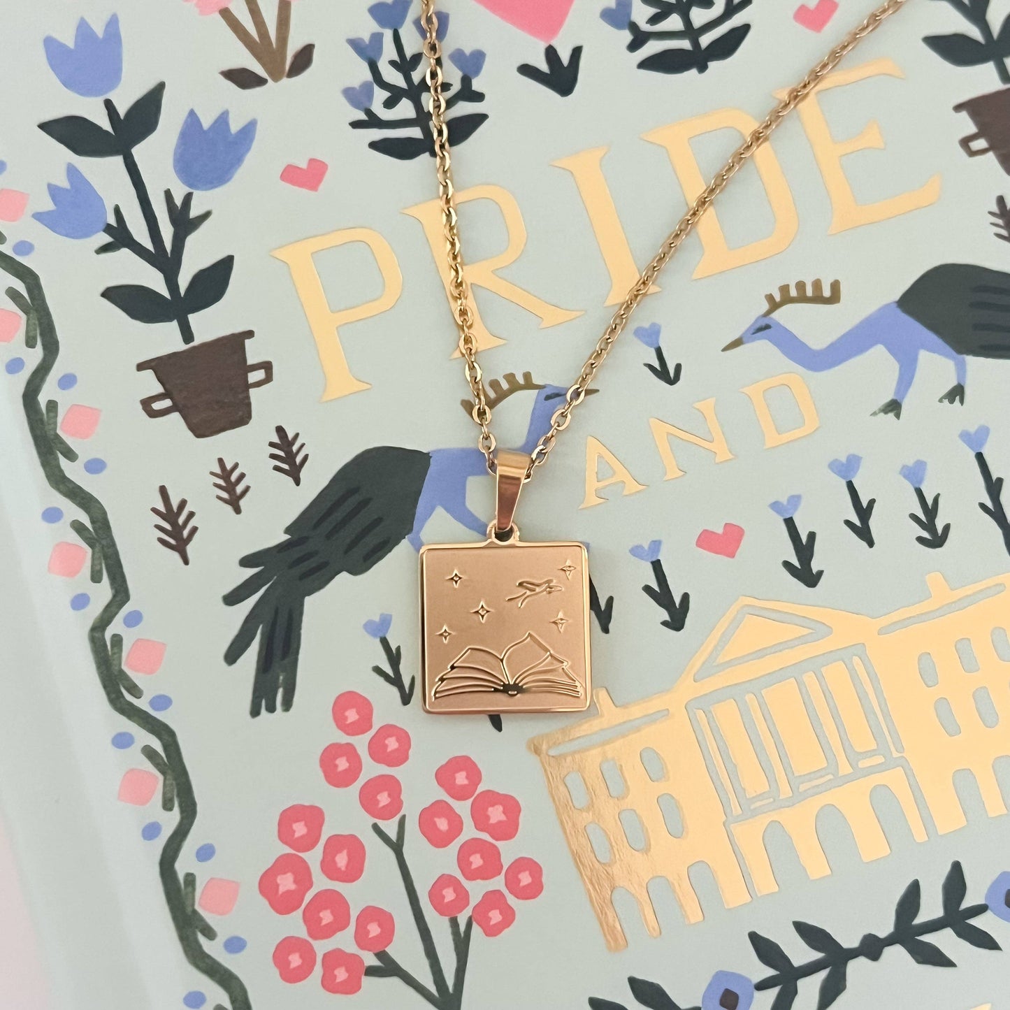 Birds & Books Necklace: Gold / 18"