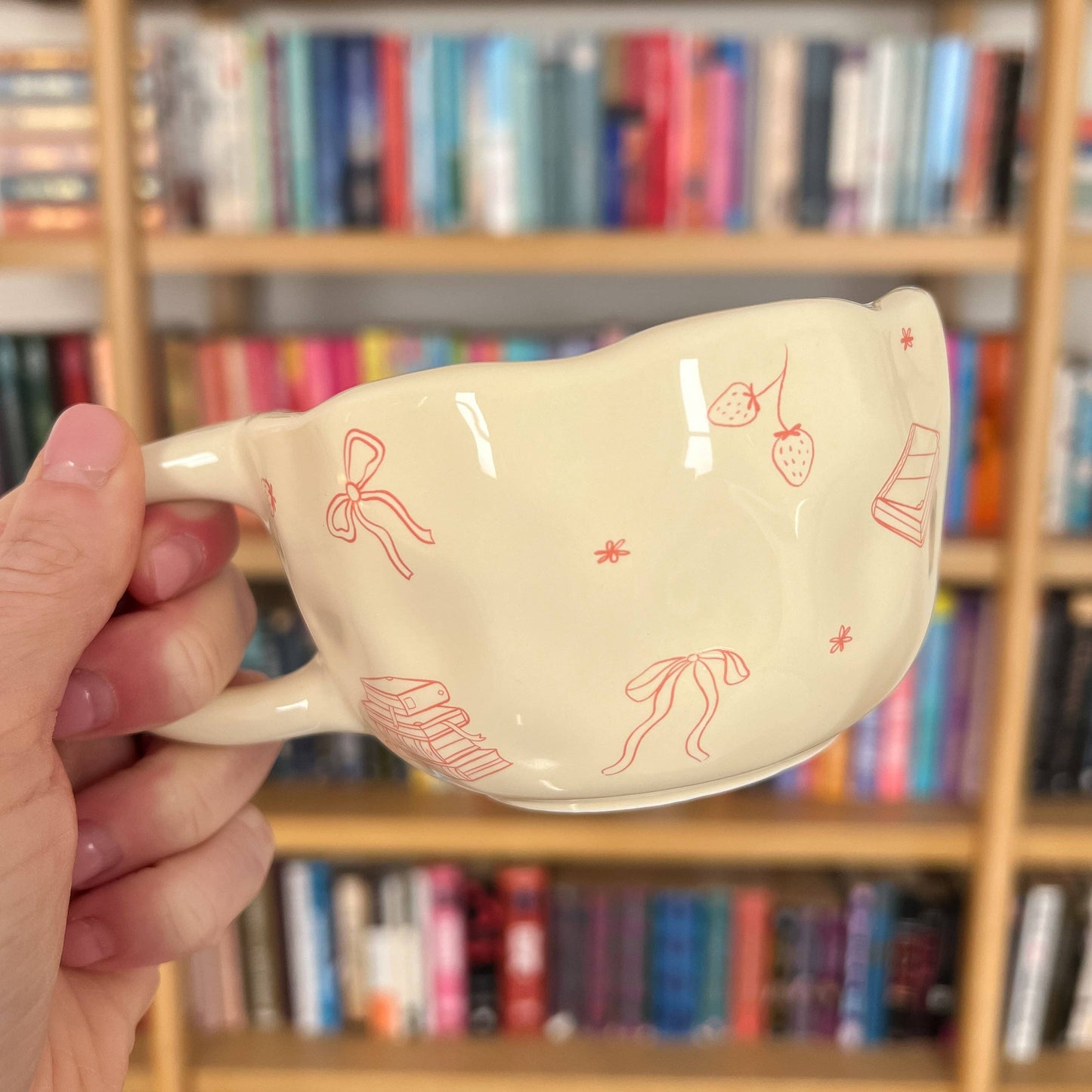 Bows and Books Mug: Red/Ivory Strawberries