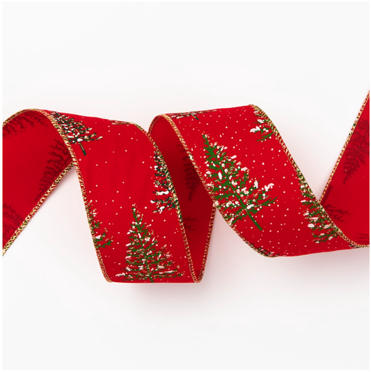 Snowy Trees on Red Christmas Ribbon