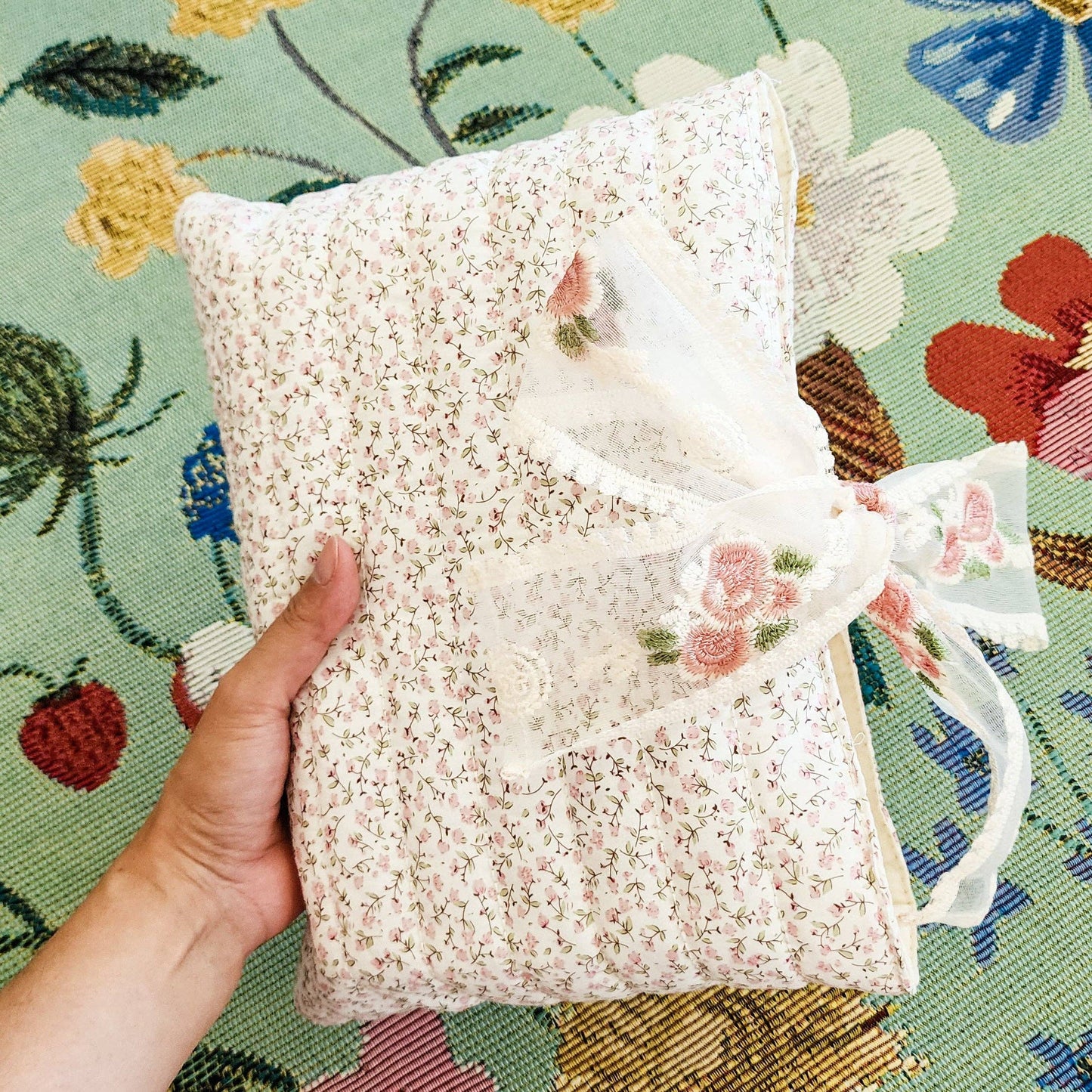 Pink Flower Large Book Sleeve with Lace Ribbon