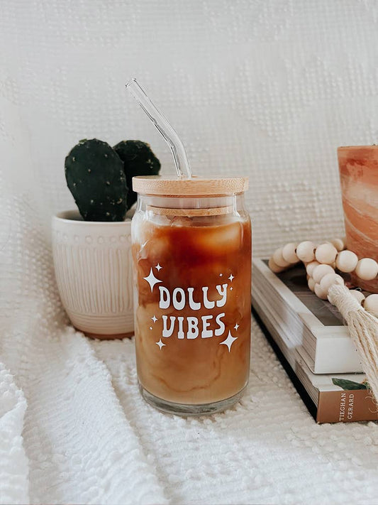 Dolly Vibes Glass Cup (with lid and straw)