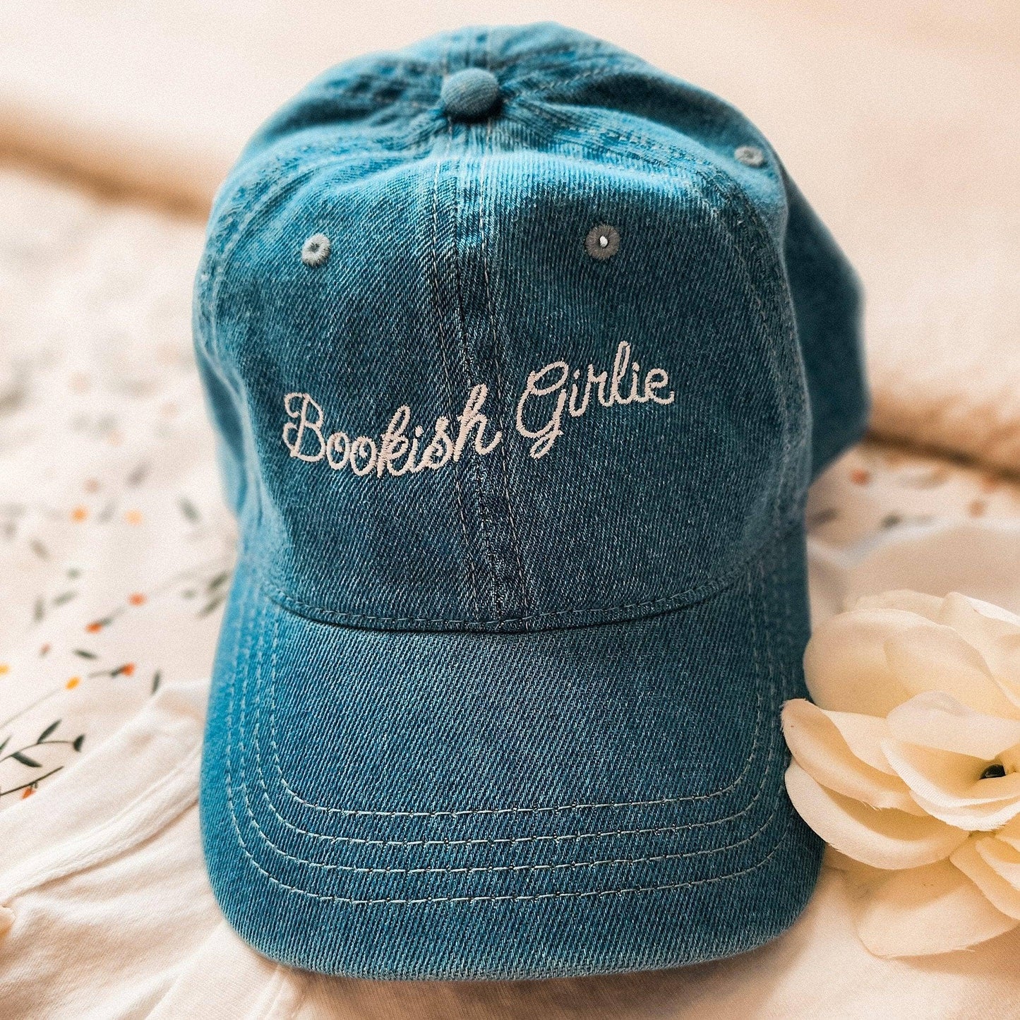 Bookish Girlie Embroidered Denim Hat: Blue