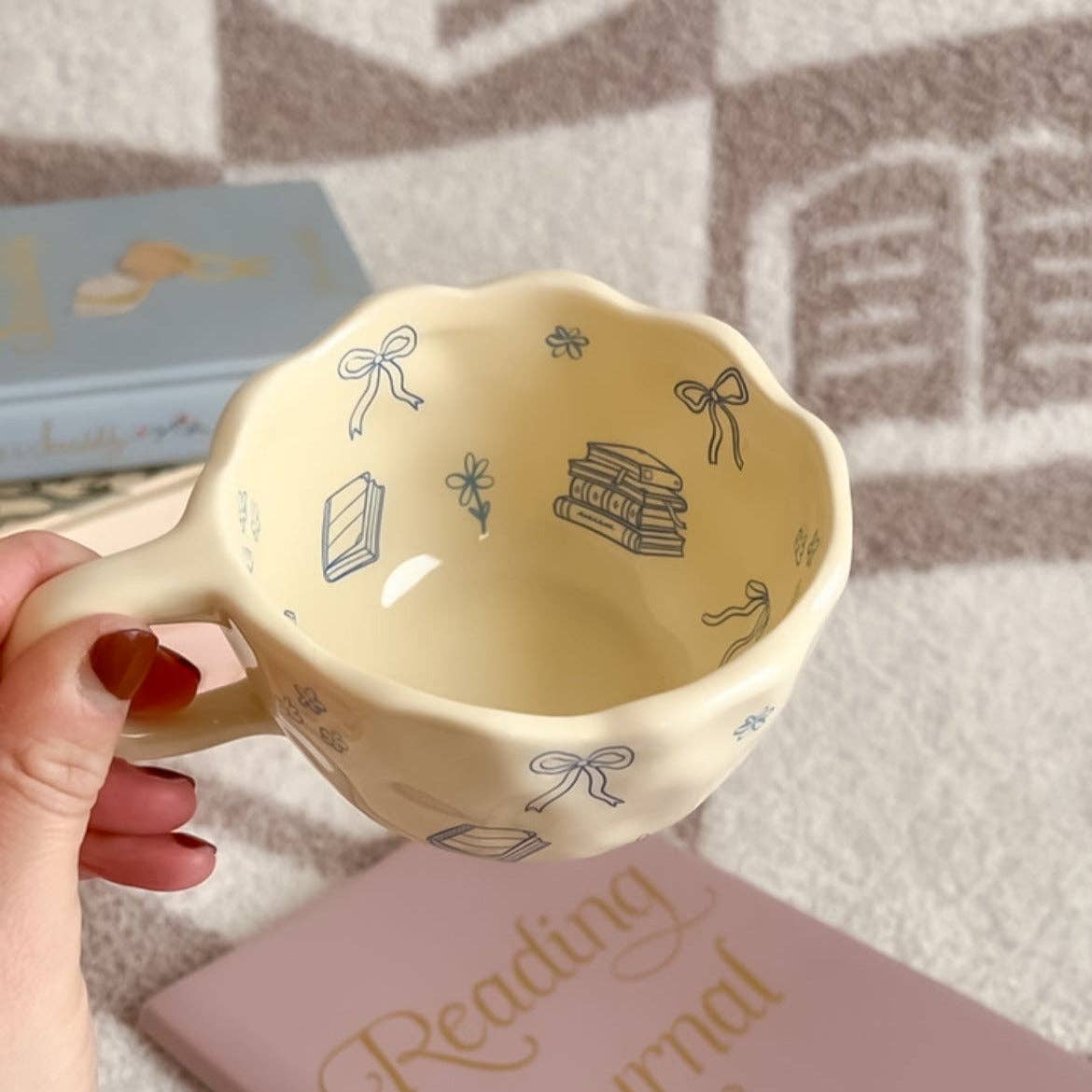 Bows and Books Mug: Red/Ivory Strawberries